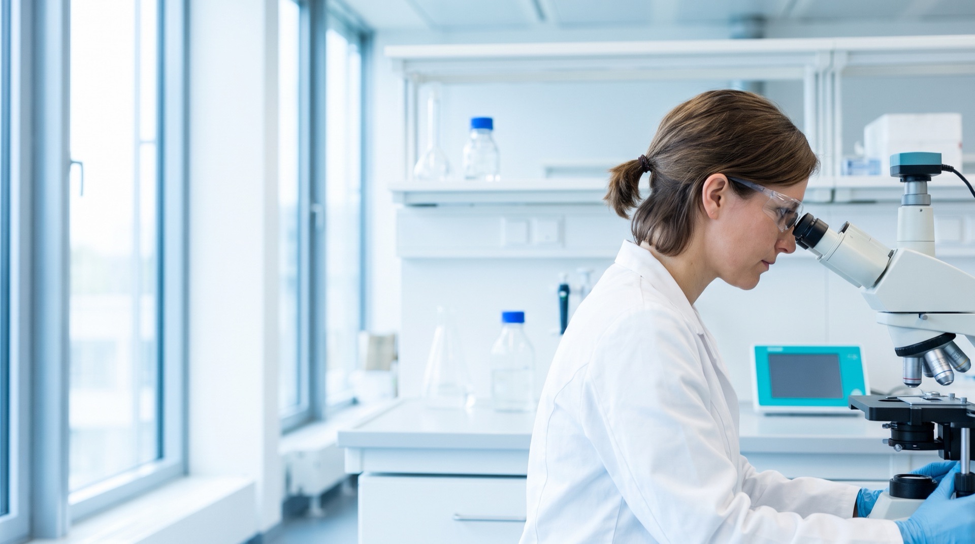 Laborantka u mikroskopu v moderní laboratoři