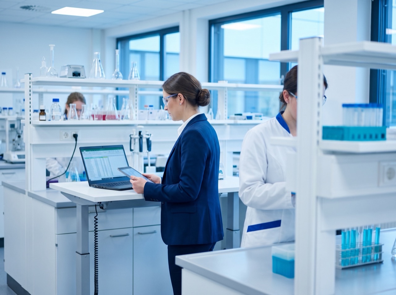 Manažerka kvality kontroluje záznamy v laboratoři