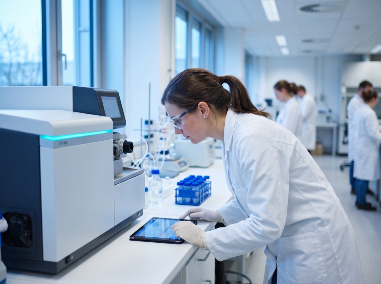 Laborantka kontroluje kalibraci analytického přístroje na tabletu